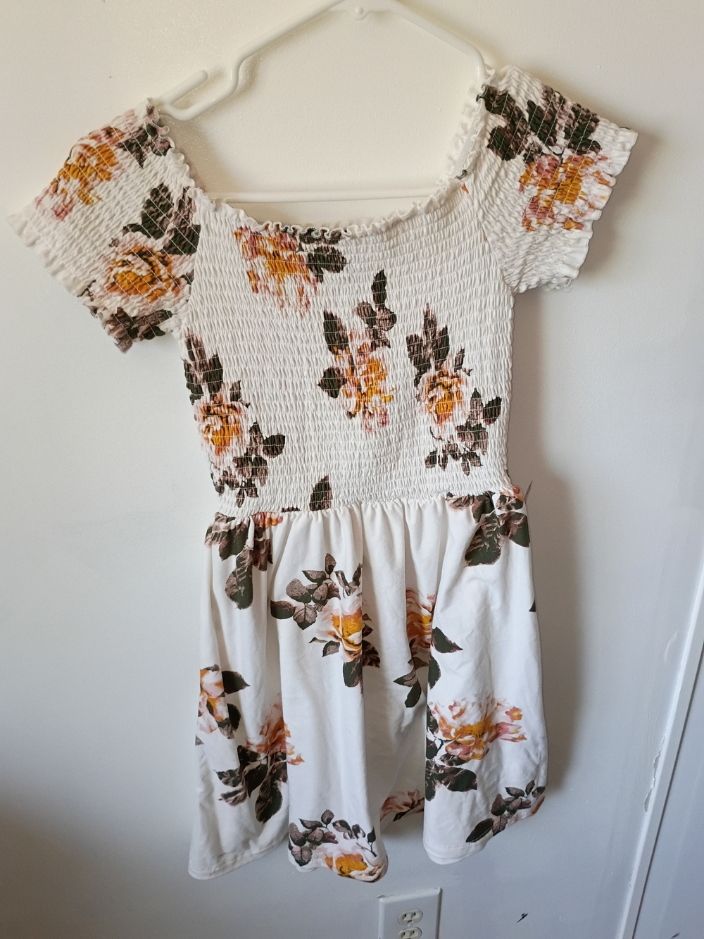 Rue21 White Smocked Floral Dress with Yellow Rose Print
